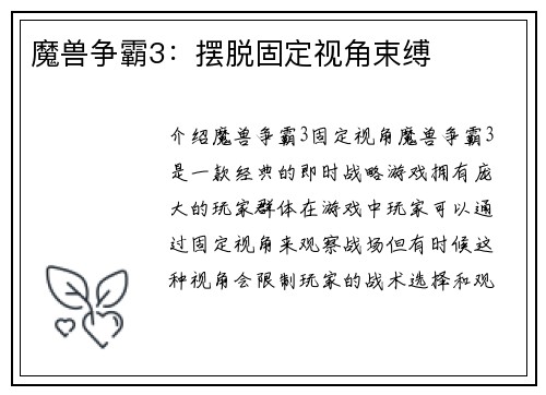 魔兽争霸3：摆脱固定视角束缚